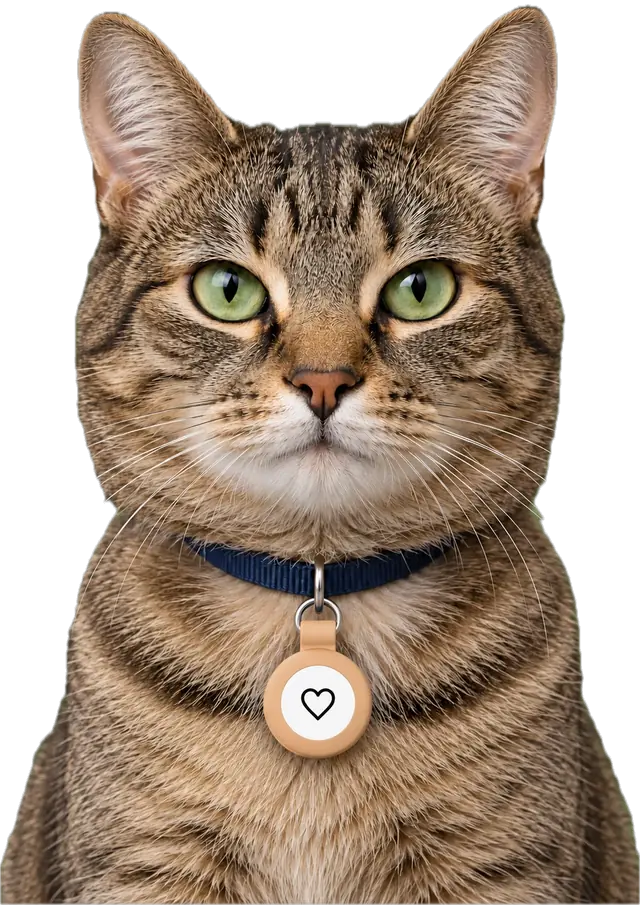 Chat tigré qui porte la Médaille Localiser caramel à son collier